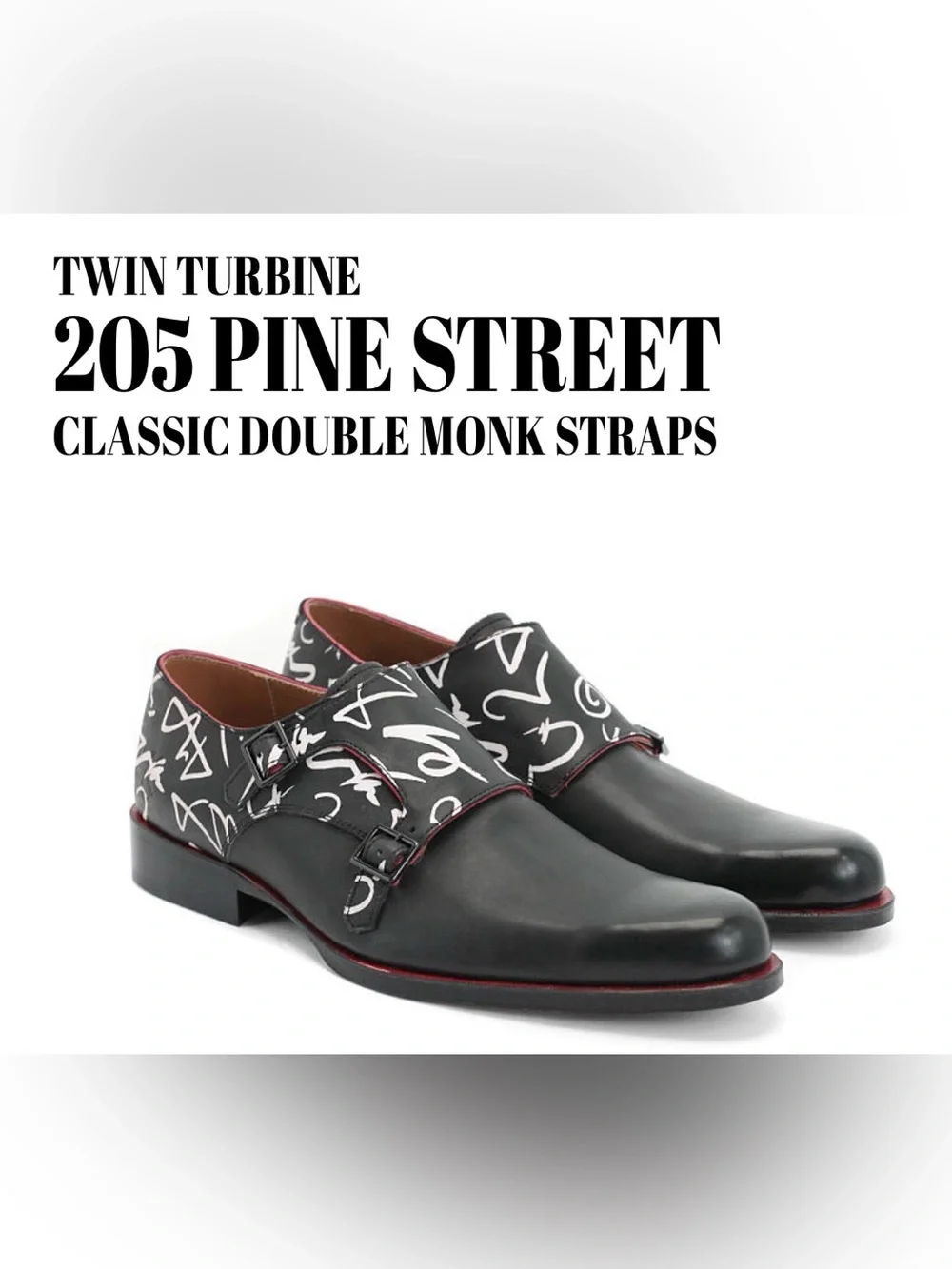 Fluevog Twin Turbine 205 Pine Street black graphic print monk strap shoe -M8/W10